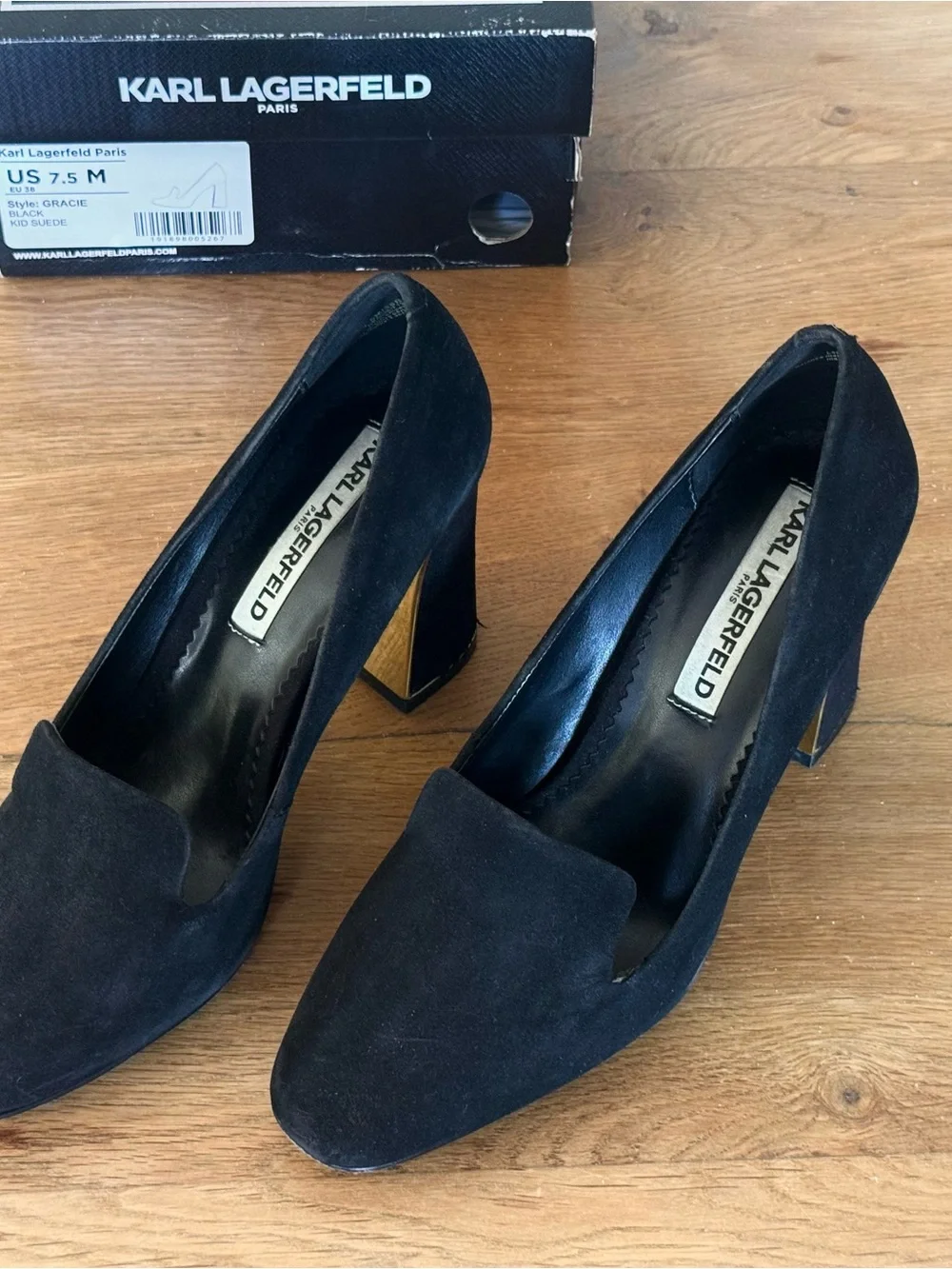 Karl Lagerfeld Gracie Black Suede Gold Metallic Block Heel Pumps Size 7.5